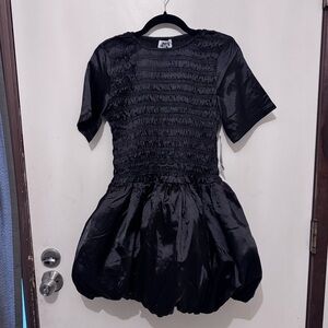 ELEANOR-Black Satin Puffball Ultra Mini Dress